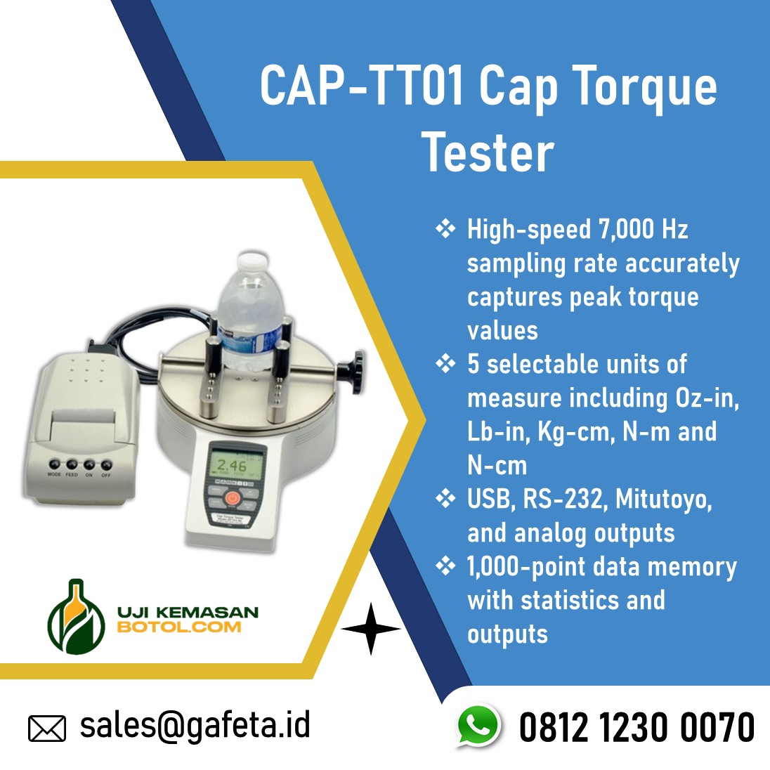 Alat tes torsi tutup botol cap torque testet model CAP-TT01