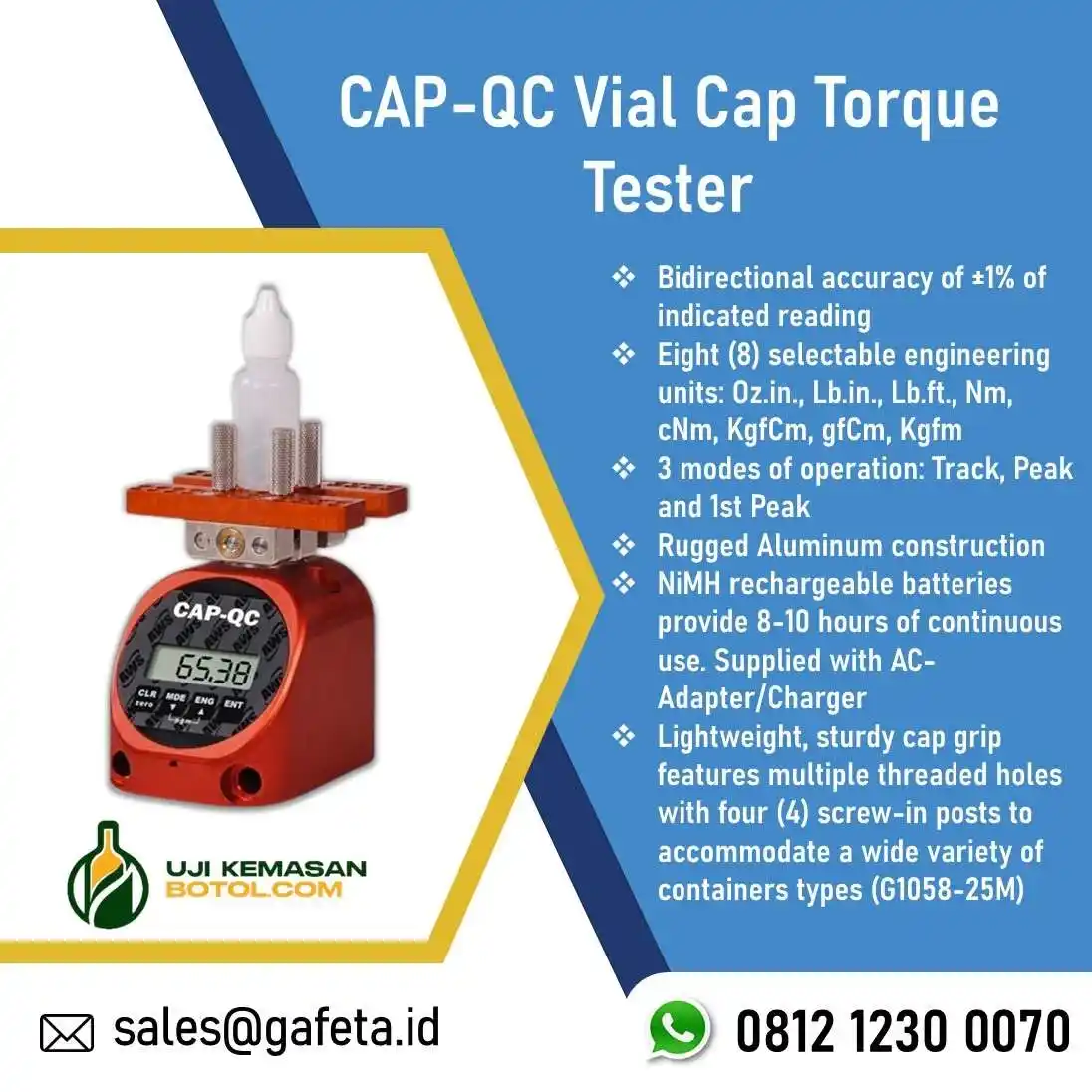 Jual CAP-QC Vial Cap Torque Tester - Alat Ukur Torsi Tutup Botol Vial
