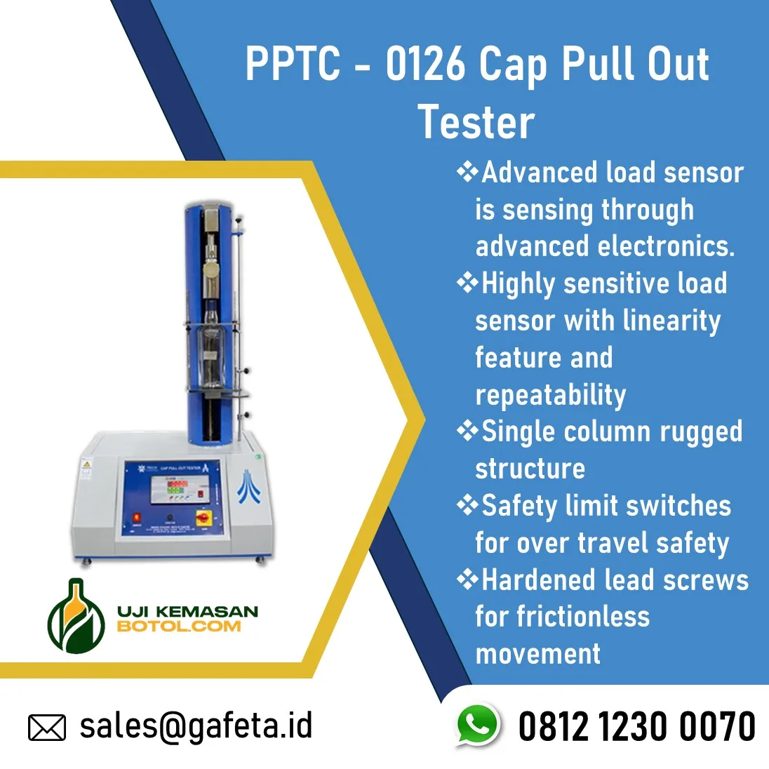 Cap Pull Out Tester PPTC-0126 untuk Uji Kekuatan Cap Botol
